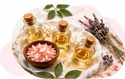 Essential and carrier oils with botanicals and pink salt