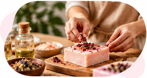 A maker finishing a handmade soap bar with dried botanicals